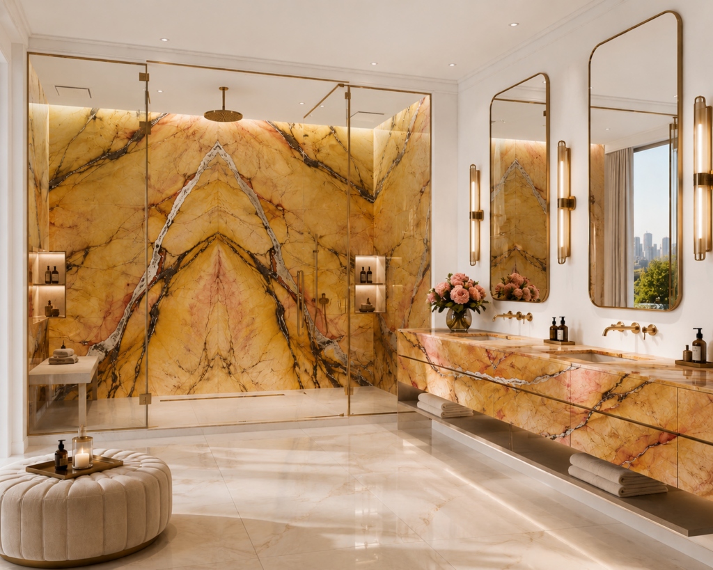 Large format Tunisian marble slab for bathroom wall