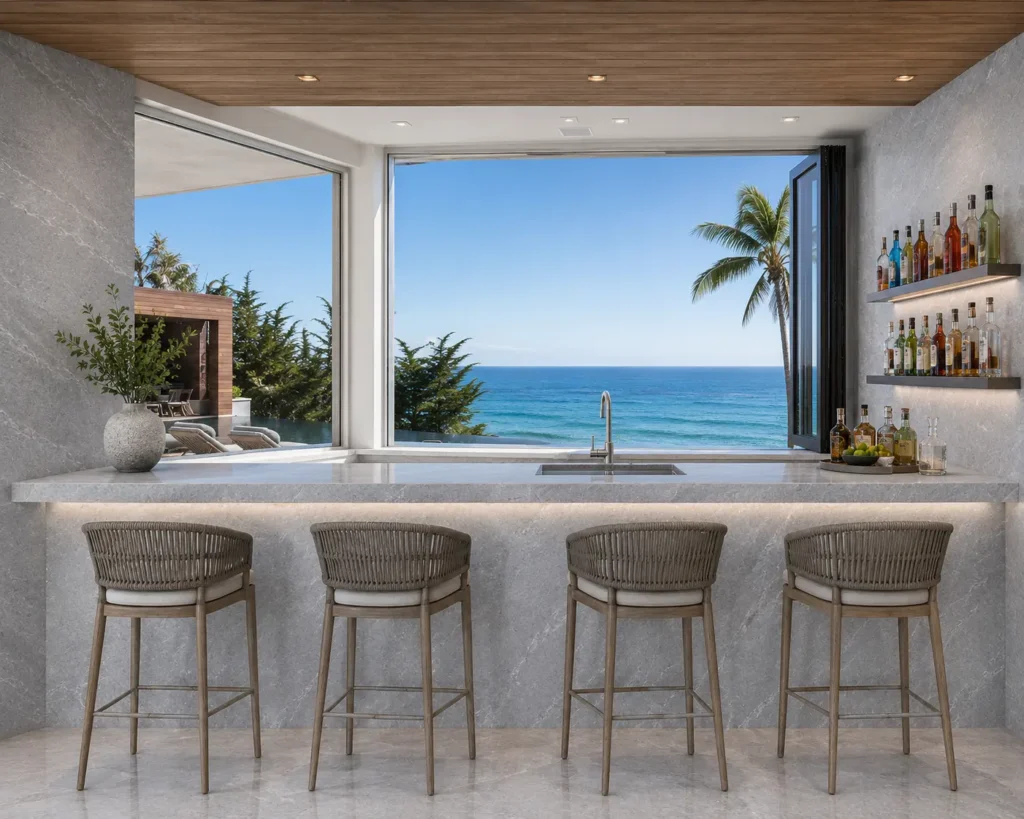Luxury indoor-outdoor bar featuring Bardiglio Light marble countertops, waterfall island, wall cladding, and flooring overlooking the ocean.
