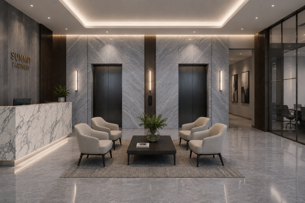 Luxury commercial office lobby featuring Bardiglio Light marble wall panels with an Arabescato Corchia marble reception desk, combining elegant Italian natural stone with warm wood accents and contemporary corporate interior design.