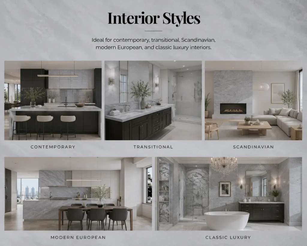 Interior design inspiration board featuring Bardiglio Light marble in contemporary, transitional, Scandinavian, modern European, and classic luxury interiors, demonstrating the versatility of this Italian grey marble.