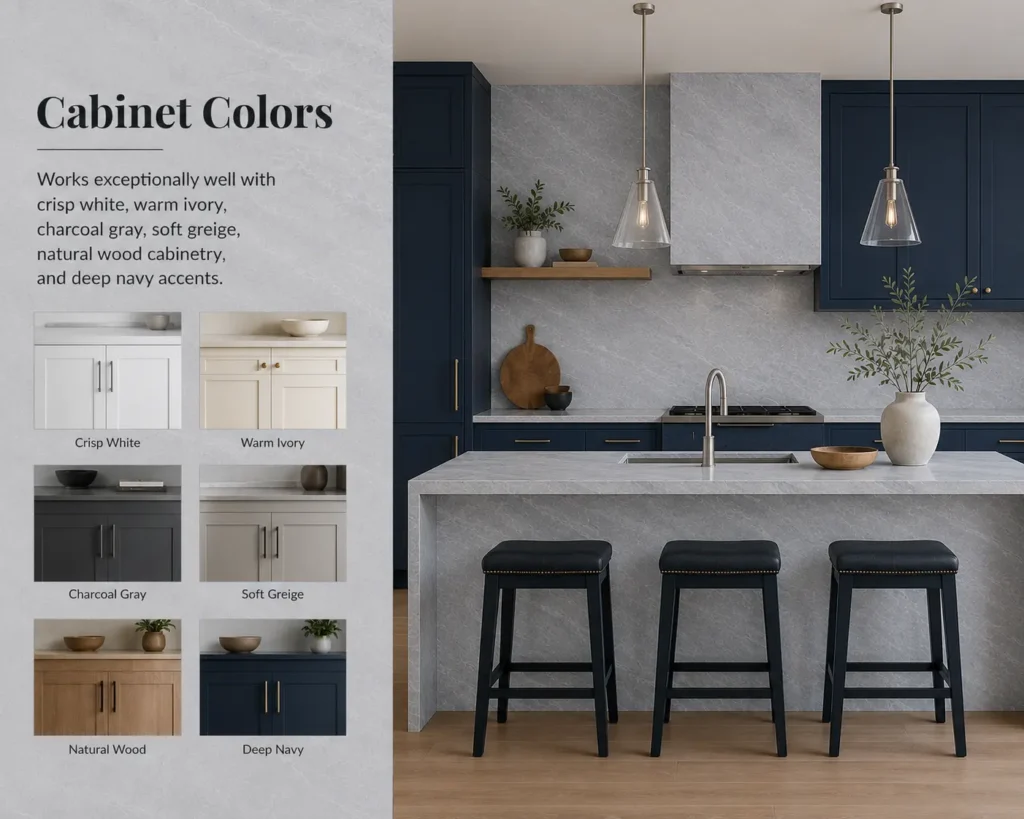 Modern kitchen featuring Bardiglio Light marble countertops and backsplash with deep navy cabinetry, illustrating how grey marble pairs beautifully with white, ivory, charcoal, greige, natural wood, and navy cabinet colors.