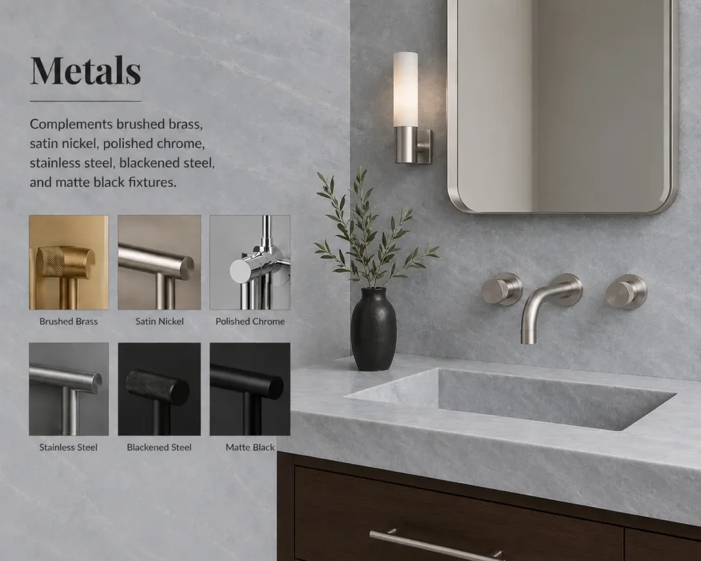 Luxury bathroom featuring Bardiglio Light marble with satin nickel faucet, mirror frame, and wall sconces, demonstrating how grey marble pairs beautifully with contemporary metal finishes.