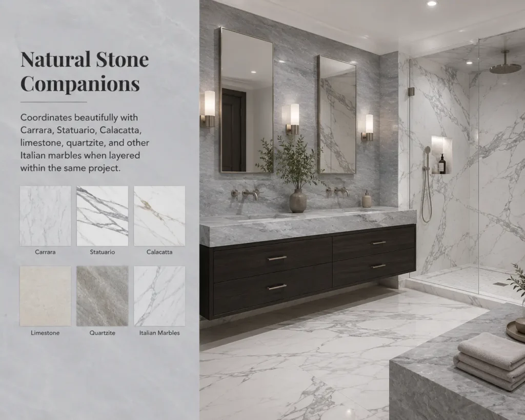 Luxury bathroom featuring Bardiglio Light marble walls paired with a Statuario marble shower, demonstrating how grey and white Italian marbles coordinate beautifully within the same architectural design.