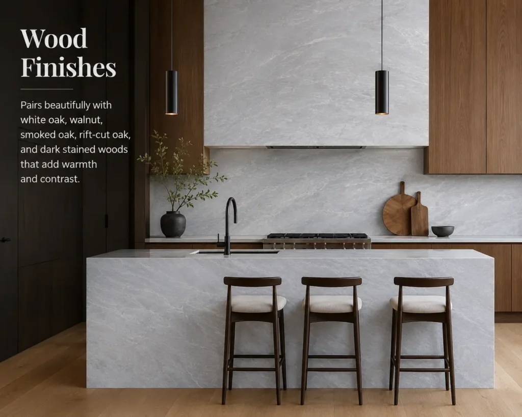 Contemporary kitchen featuring Bardiglio Light marble countertops and backsplash paired with warm walnut cabinetry, illustrating how grey marble complements natural wood finishes in luxury interior design.