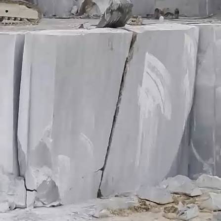 Large quarry block of Bardiglio Light marble in northern Italy showing the natural blue-gray color and subtle veining before being cut into slabs.