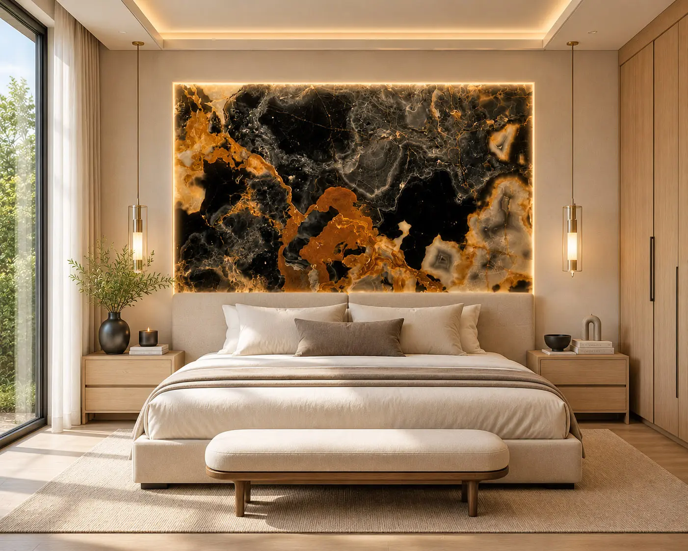 Luxury Black Onyx feature wall with translucent natural stone.