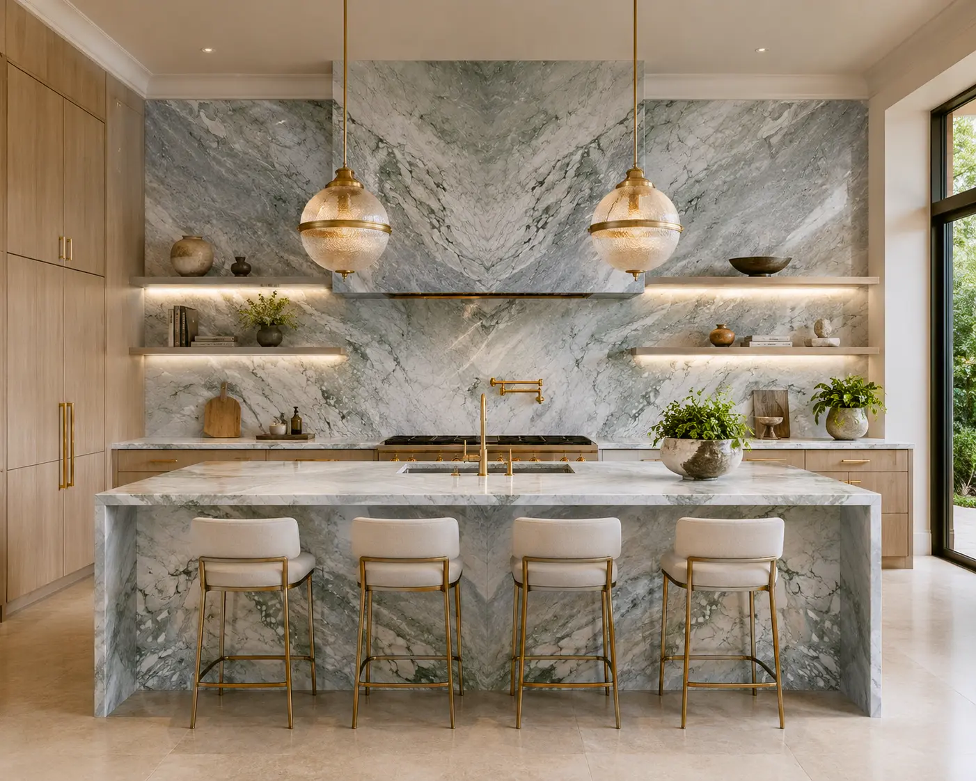 Luxury kitchen featuring Breccia Capraia Verde marble with a bookmatched backsplash, waterfall island, and custom cabinetry. Architectural rendering by The World of Stone.