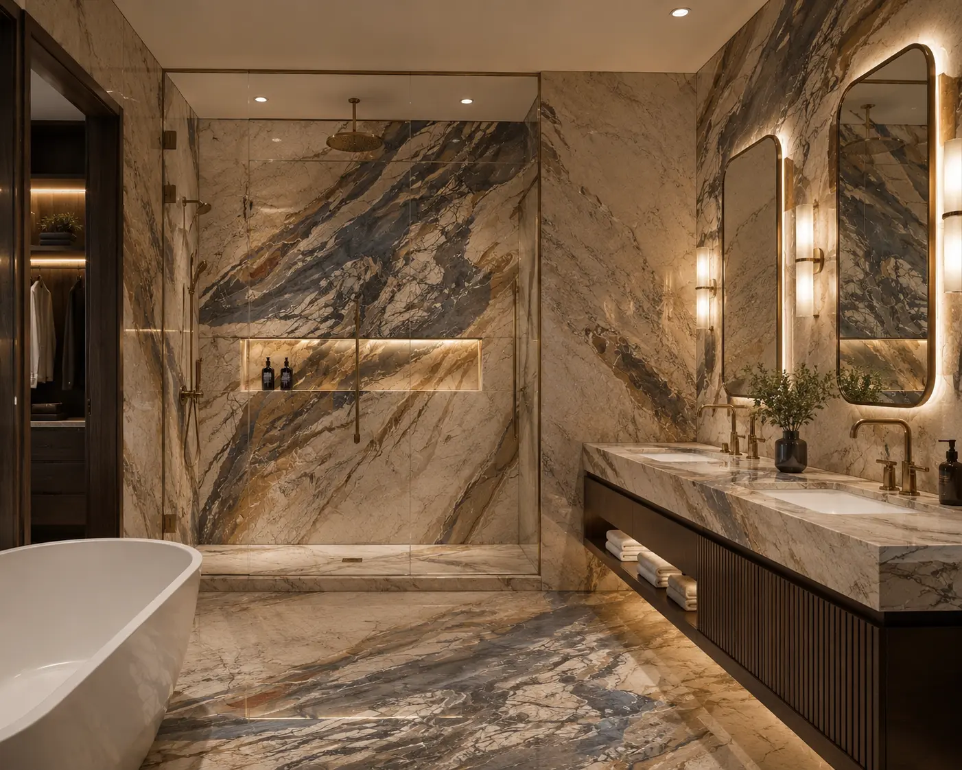 Luxury bathroom featuring Breccia Fantastica marble with bookmatched shower walls, marble vanity, full-height wall cladding, and polished marble flooring.