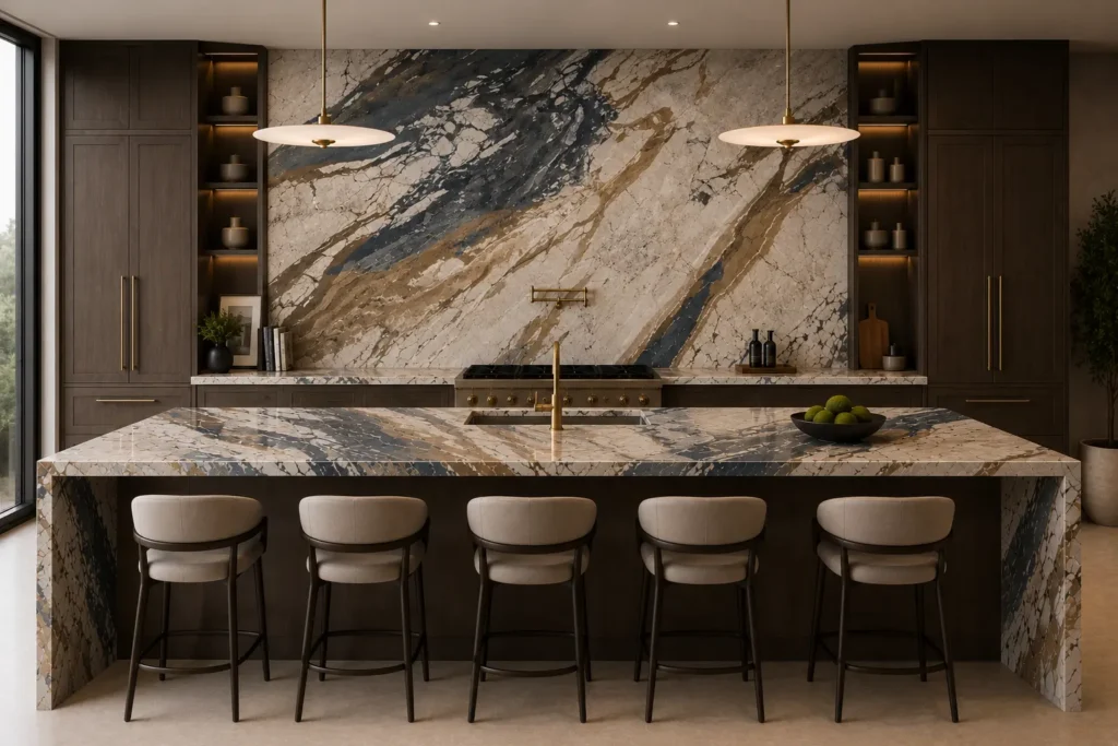 Digital rendering of a luxury kitchen featuring Breccia Fantastica marble waterfall island, bookmatched full-height backsplash, and polished Italian marble countertops.
