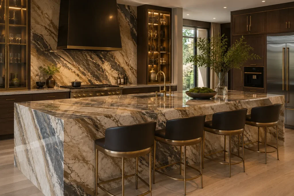 Luxury kitchen featuring Breccia Fantastica marble waterfall island, full-height backsplash, and polished Italian marble countertops with dramatic blue-gray and gold veining.