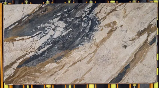 Factory production scan of a polished Breccia Fantastica marble slab from Sicily, Italy, featuring dramatic blue-gray, cream, taupe, and warm gold brecciated veining.