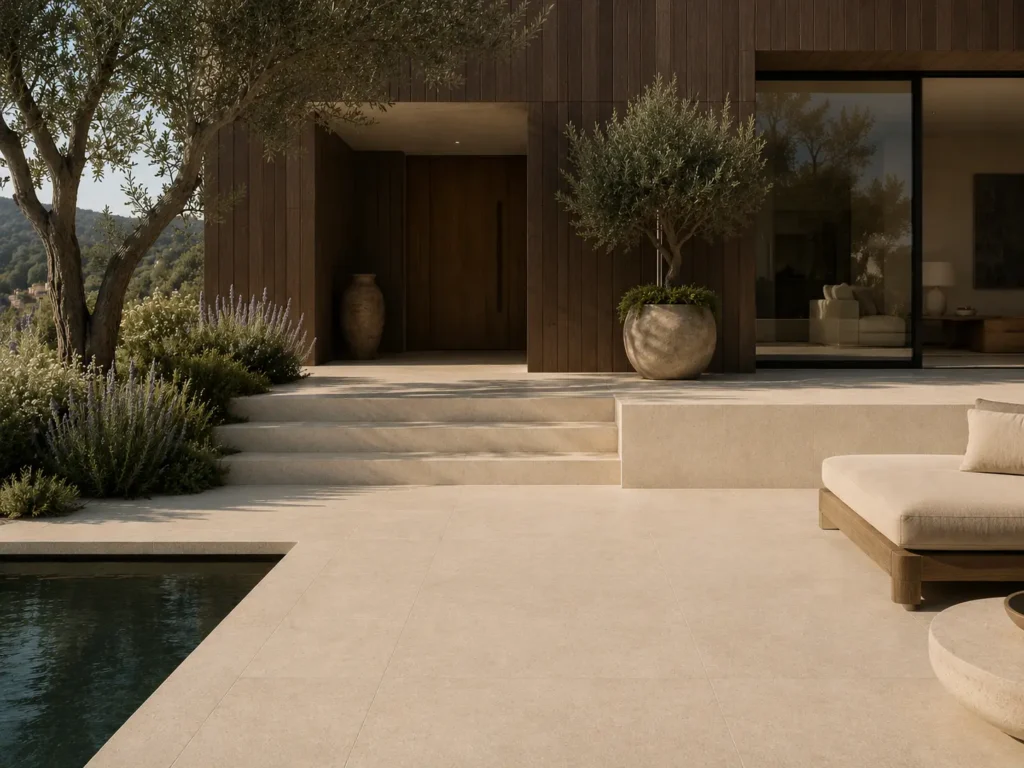 Architectural rendering of a contemporary luxury residence featuring Gascogne Beige Velvet Portuguese limestone on the terrace, steps, and pool deck, complemented by stained teak wood cladding.
