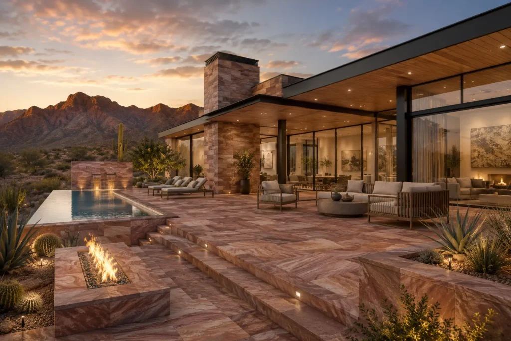 Architectural rendering of a contemporary luxury residence featuring Desert Blend Meta Quartzite on exterior paving, walls, pool surrounds, and outdoor living areas.