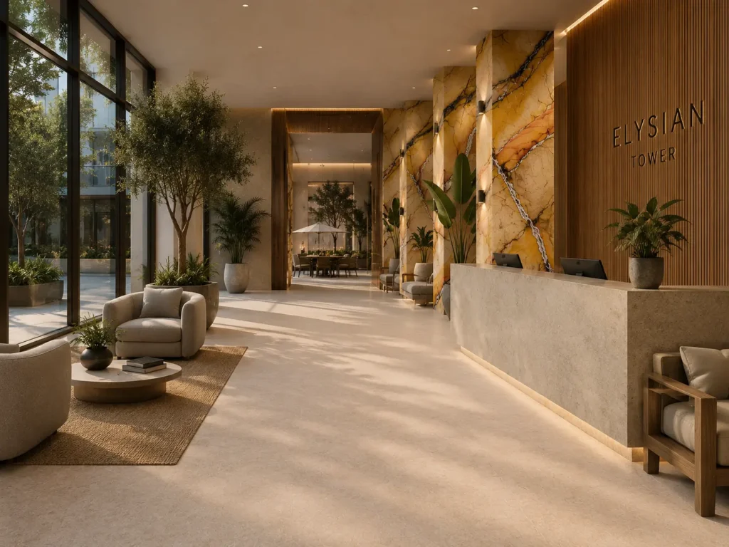 Architectural rendering of a contemporary commercial lobby featuring Gascogne Beige Velvet Portuguese limestone flooring and reception desk with bookmatched Tunisian marble-clad columns.