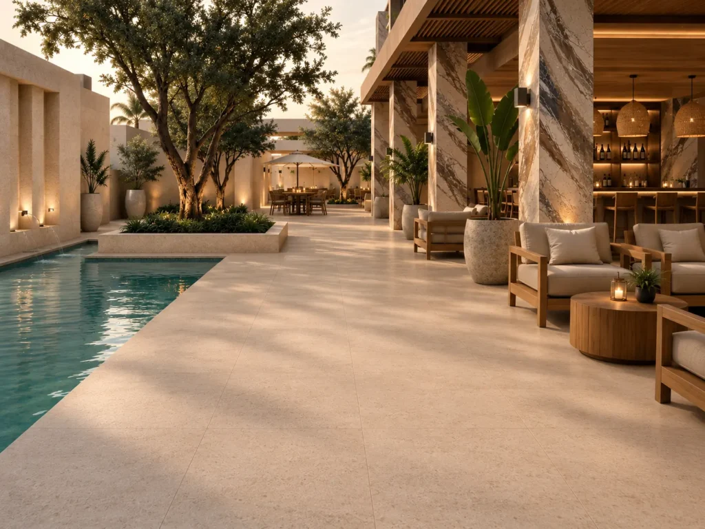 Architectural rendering of a luxury hospitality courtyard featuring Gascogne Beige Velvet Portuguese limestone flooring paired with Breccia Fantastica marble-clad columns.