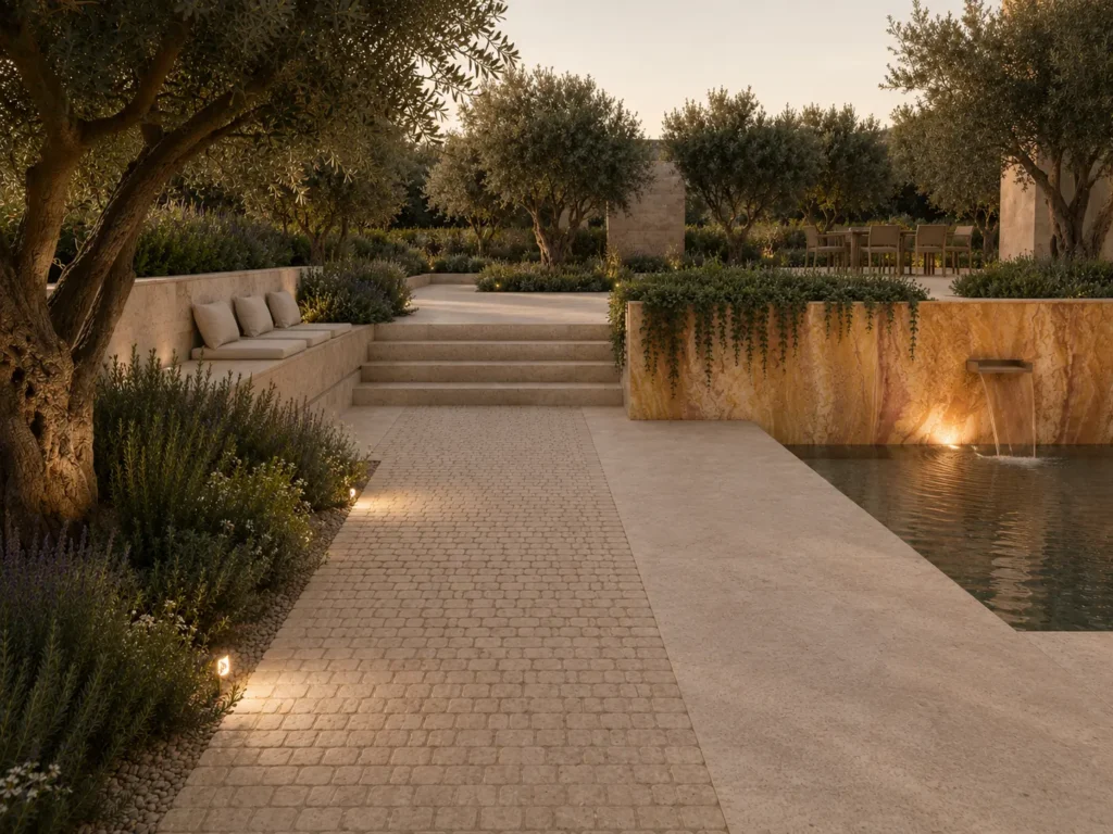 Architectural rendering of Gascogne Beige Velvet limestone used for landscape architecture, featuring cobblestone paving, large-format paving, retaining walls, and a decorative water feature in a luxury outdoor garden.