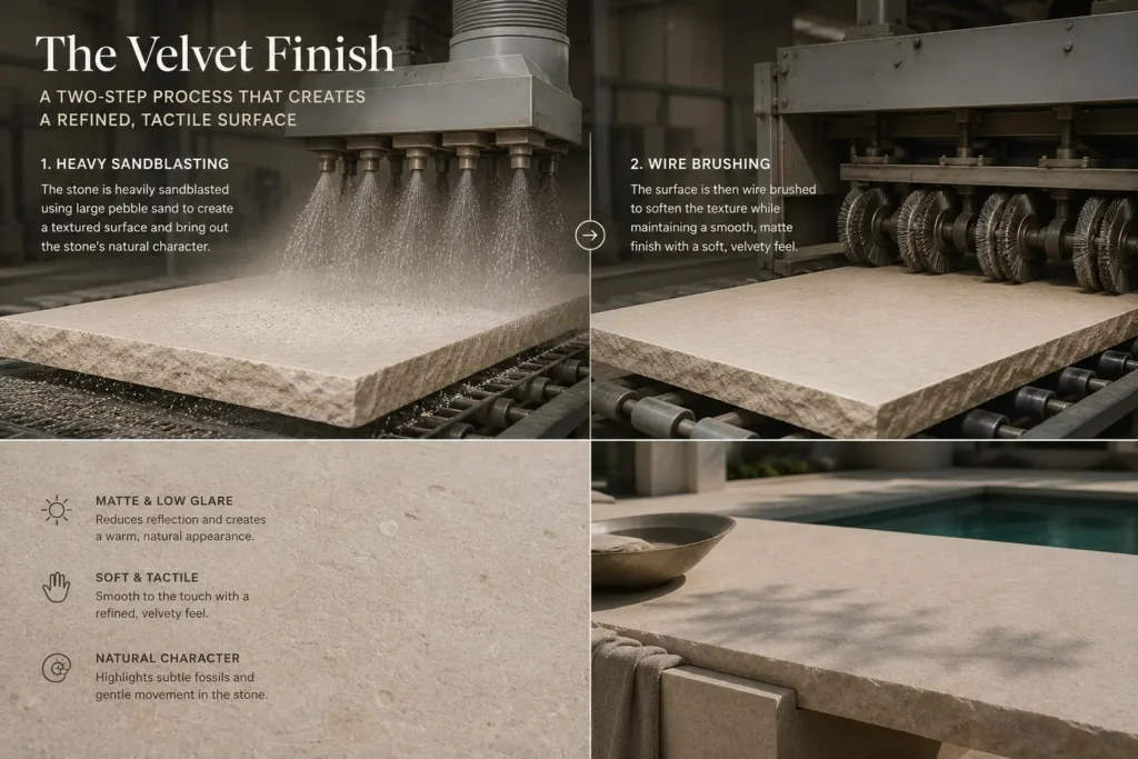 Illustration of the two-step Velvet finishing process for Gascogne Beige limestone, showing heavy sandblasting followed by wire brushing to create a refined matte surface.