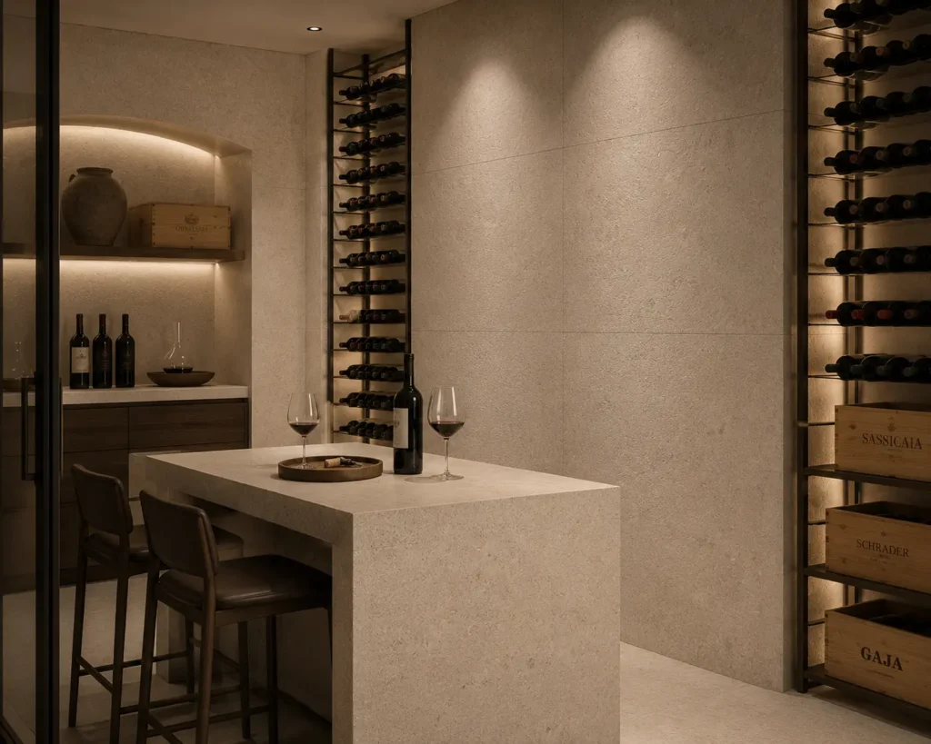 Luxury wine room featuring Gascogne Beige Velvet Portuguese limestone on walls, flooring, and waterfall island with a refined matte Velvet finish.