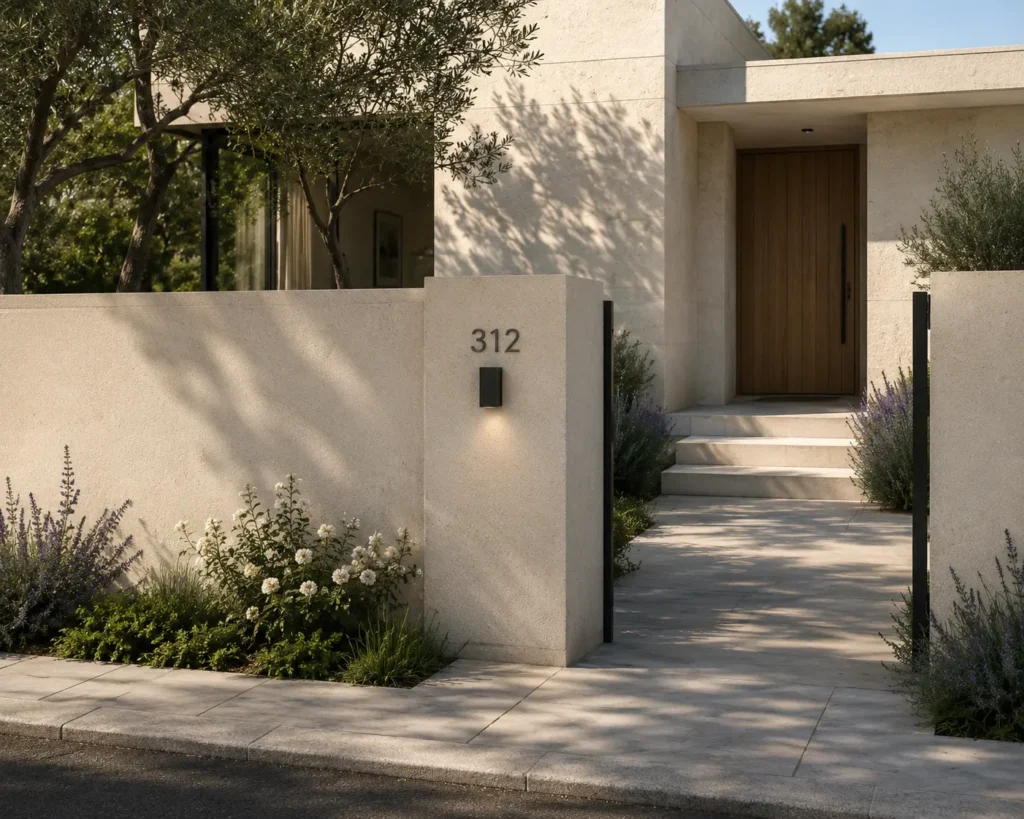 Modern luxury home featuring Gascogne Beige Velvet Portuguese limestone on exterior walls, entry gate, walkway, and architectural facade with a refined Velvet finish.