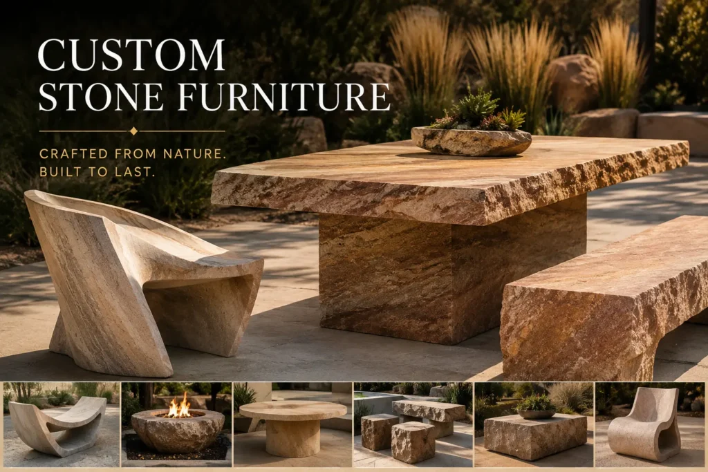 Luxury outdoor living space featuring custom Las Vegas Rock Desert Blend meta quartzite furniture designed for modern architecture.