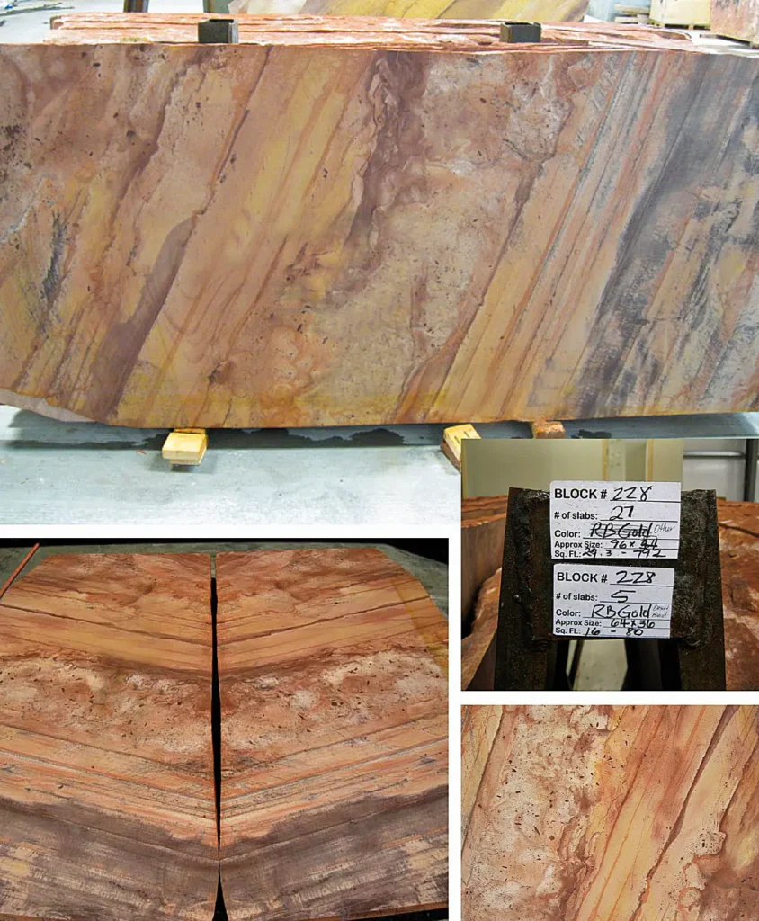 Las Vegas Rock Desert Blend quarry block showing full slab, block identification, bookmatched slabs, and natural color variation for architectural block selection.