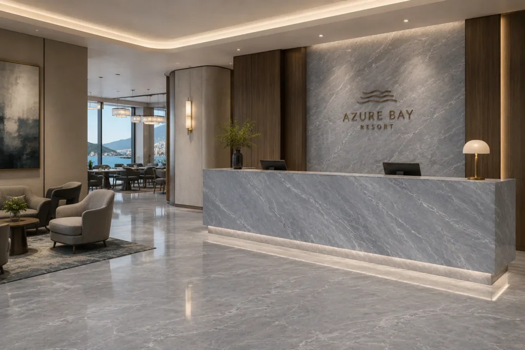 Luxury hotel lobby featuring a Bardiglio Light marble reception desk with bookmatched feature wall, large-format marble tile flooring, warm wood paneling, and contemporary hospitality design.