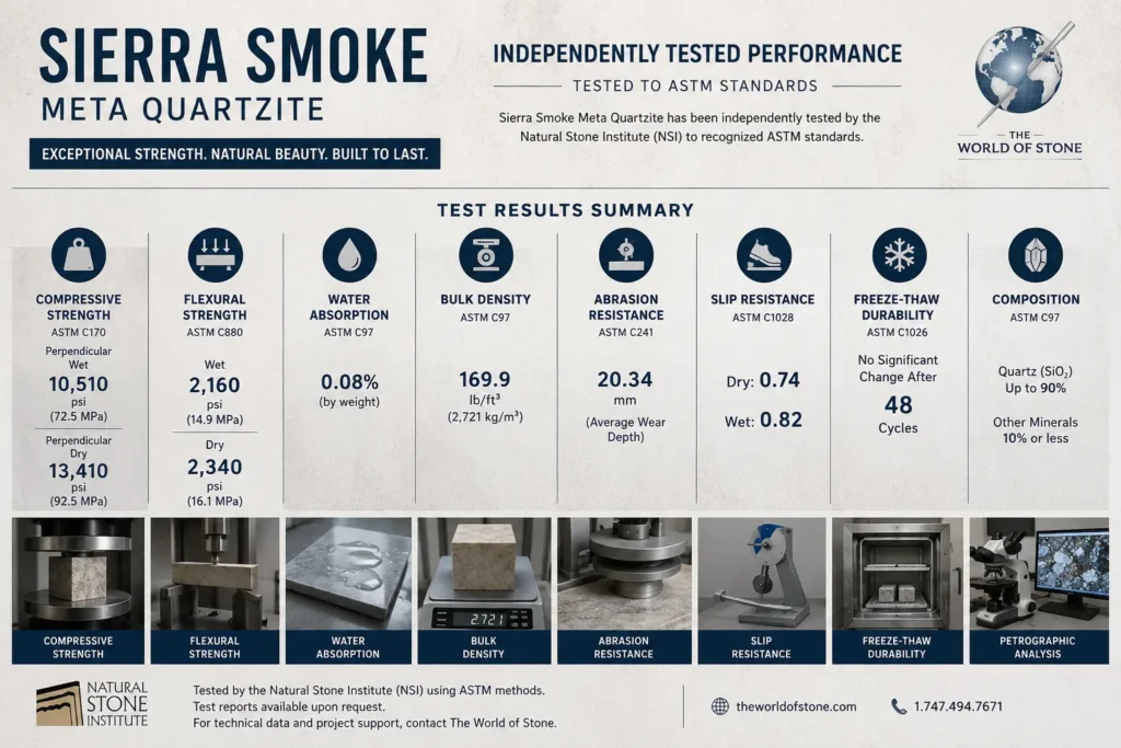 Independent ASTM laboratory test results for Sierra Smoke Meta Quartzite showing compressive strength, flexural strength, water absorption, density, abrasion resistance, slip resistance, freeze-thaw durability, and petrographic analysis.