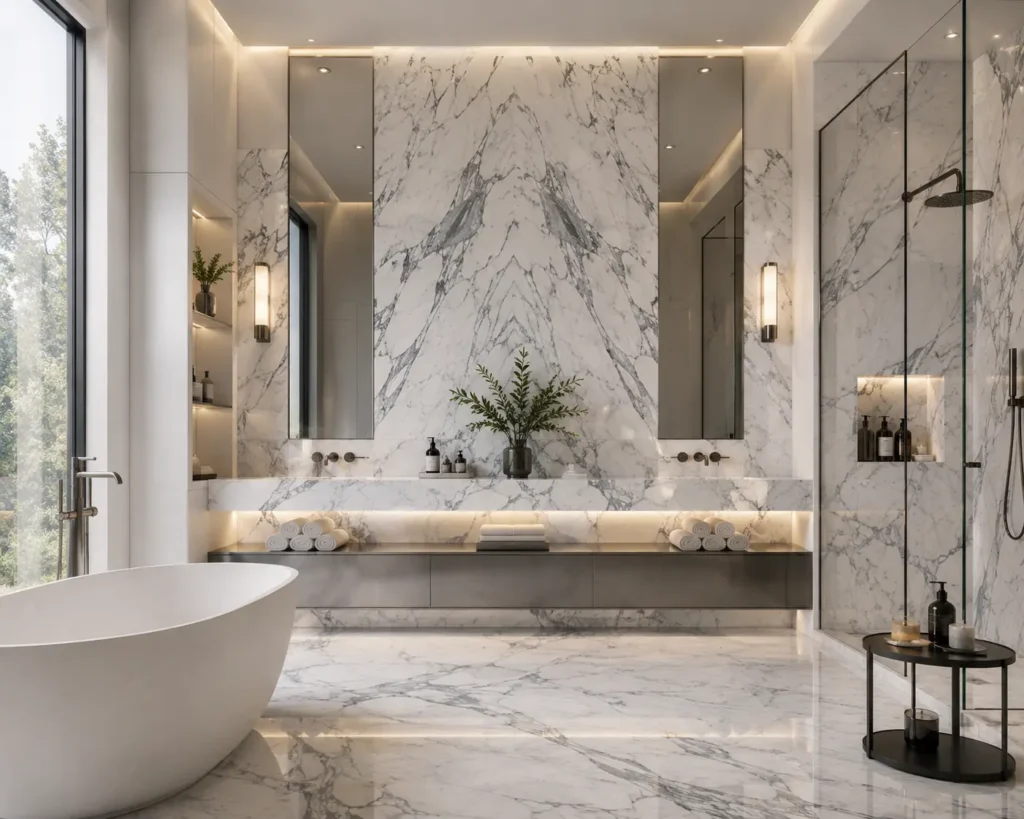 Luxury bathroom with bookmatched Arabescato Corchia marble feature wall, shower walls and flooring.