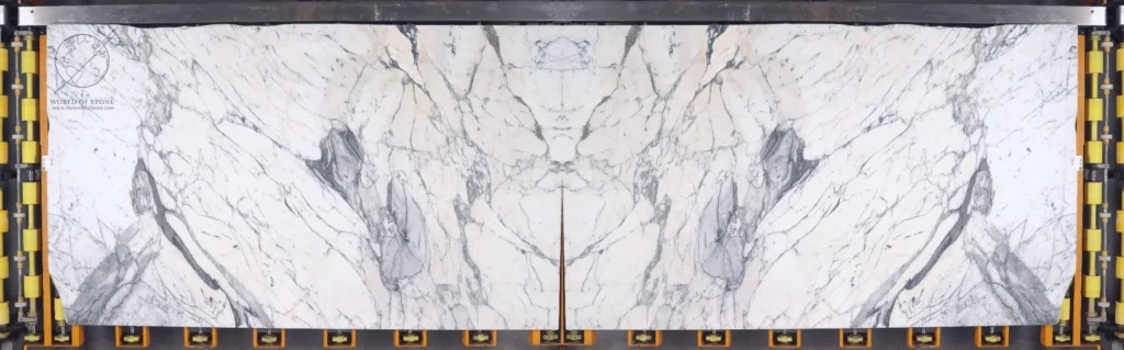 Bookmatched Arabescato Corchia marble slabs with dramatic gray veining across a creamy white background.