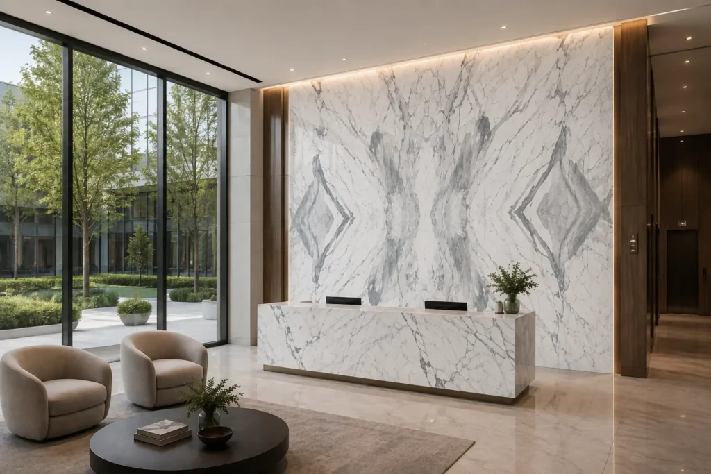 Luxury lobby with a diamond-matched Arabescato Corchia marble feature wall and marble reception desk.