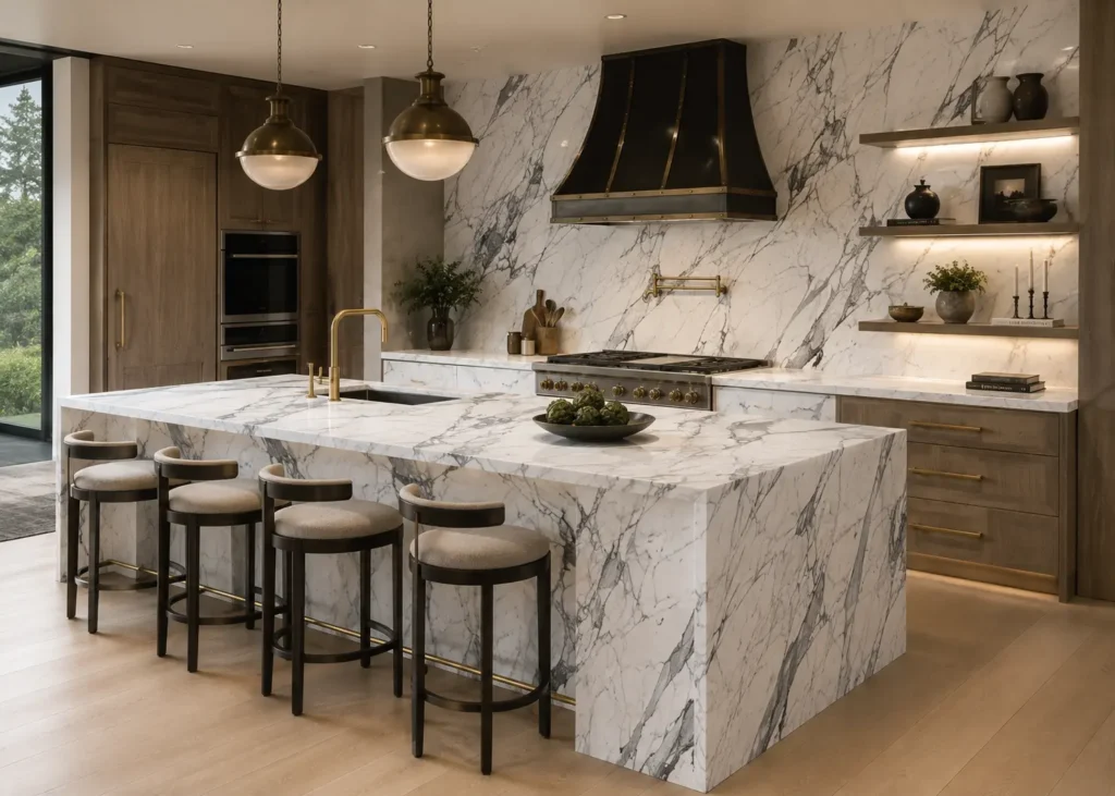 Luxury kitchen with Arabescato Corchia marble waterfall island, countertops and full-height backsplash.