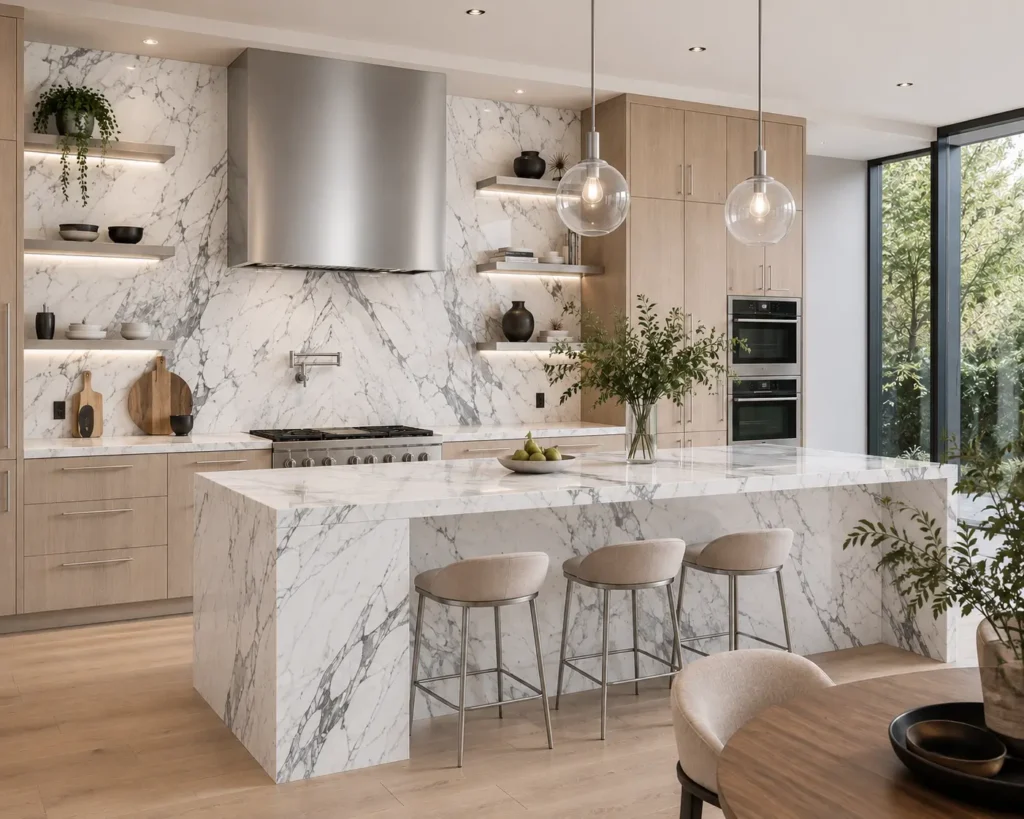 Arabescato Corchia marble paired with light wood cabinetry and brushed stainless steel in a luxury kitchen.