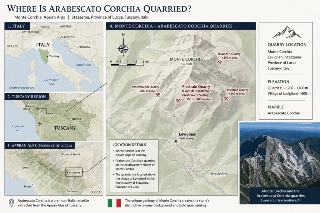 Map showing the Arabescato Corchia marble quarry area at Monte Corchia in the Apuan Alps of Tuscany, Italy.