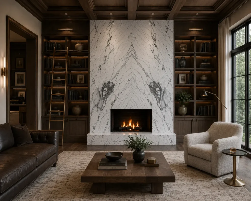 Luxury library with a bookmatched Arabescato Corchia marble fireplace surround and floor-to-ceiling feature wall.