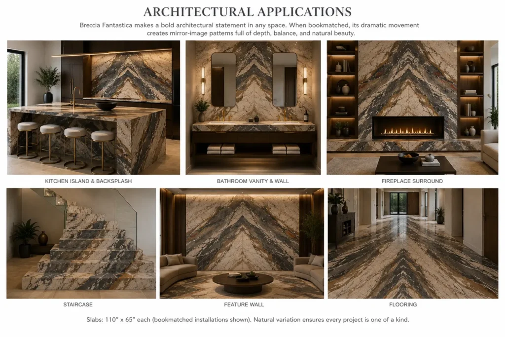 Architectural applications of Breccia Fantastica marble featuring bookmatched kitchen island, bathroom vanity, fireplace surround, staircase, feature wall, and flooring using 110 x 65 inch Italian marble slabs.