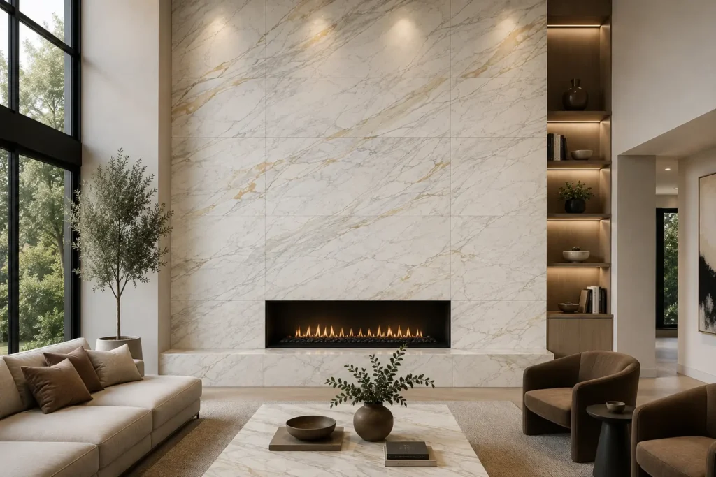 Luxury living room featuring a floor-to-ceiling Calacatta Cremo marble feature wall with warm cream tones, soft gray and gold veining, and a linear fireplace.