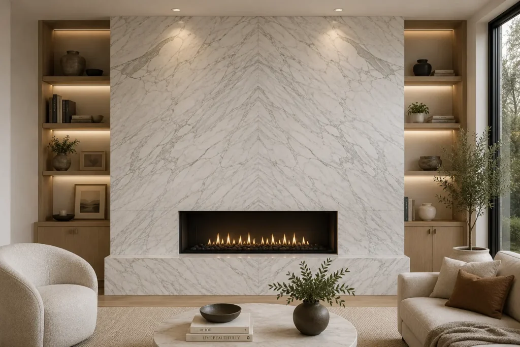 Luxury living room with a bookmatched Calacatta Gold Cremo marble fireplace, warm wood built-ins and neutral furnishings.