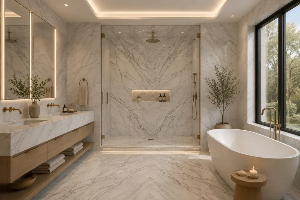 Luxury bathroom featuring Calacatta Gold Cremo marble with a bookmatched shower wall, marble flooring, double vanity and freestanding tub.