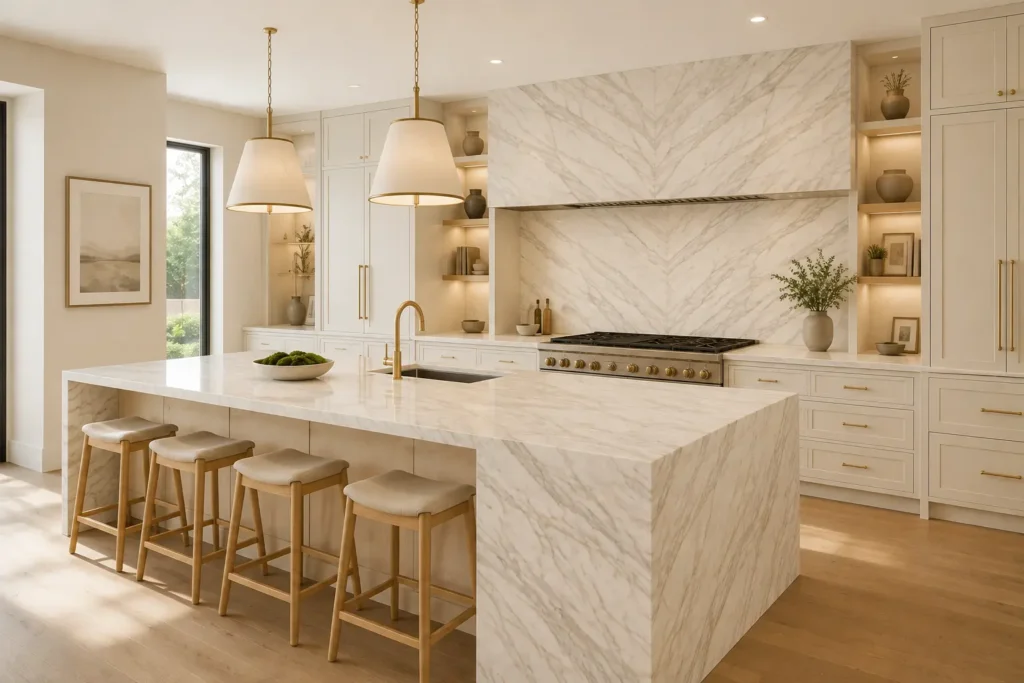 Calacatta Gold Cremo marble kitchen with a waterfall island, bookmatched backsplash, warm ivory cabinetry, brass accents and natural wood flooring.