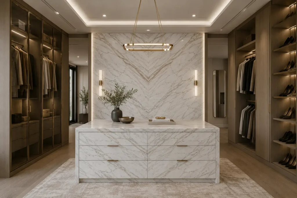 Luxury walk-in closet featuring a Calacatta Gold Cremo marble island and bookmatched feature wall with soft gray and warm cream veining.