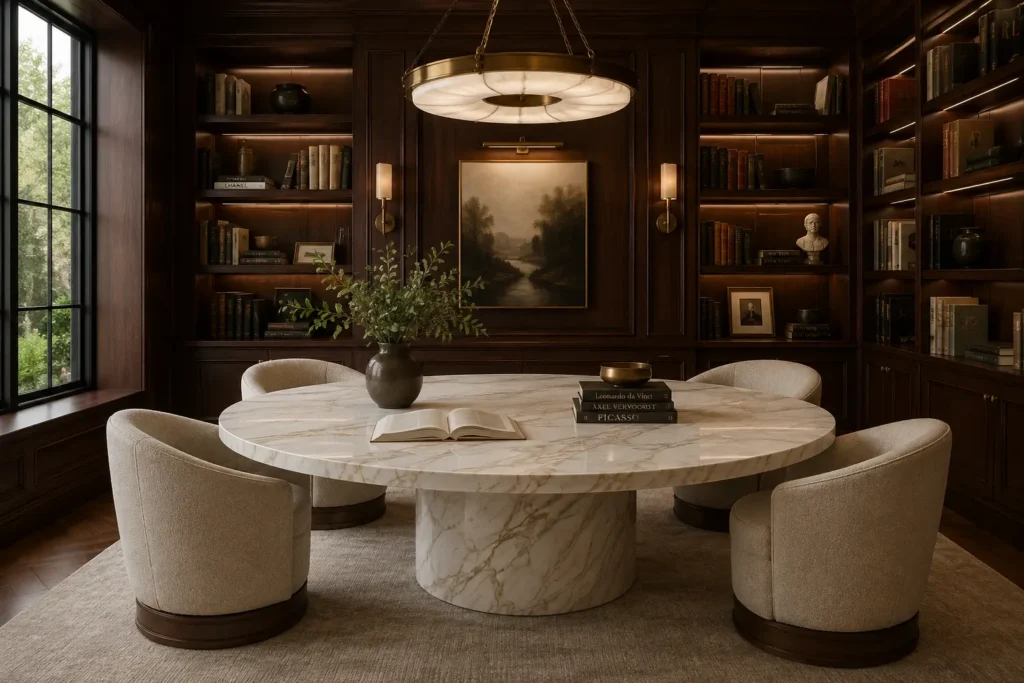 Luxury library with dark cherry wood cabinetry and a large round Calacatta Gold Cremo marble table surrounded by cream upholstered chairs.