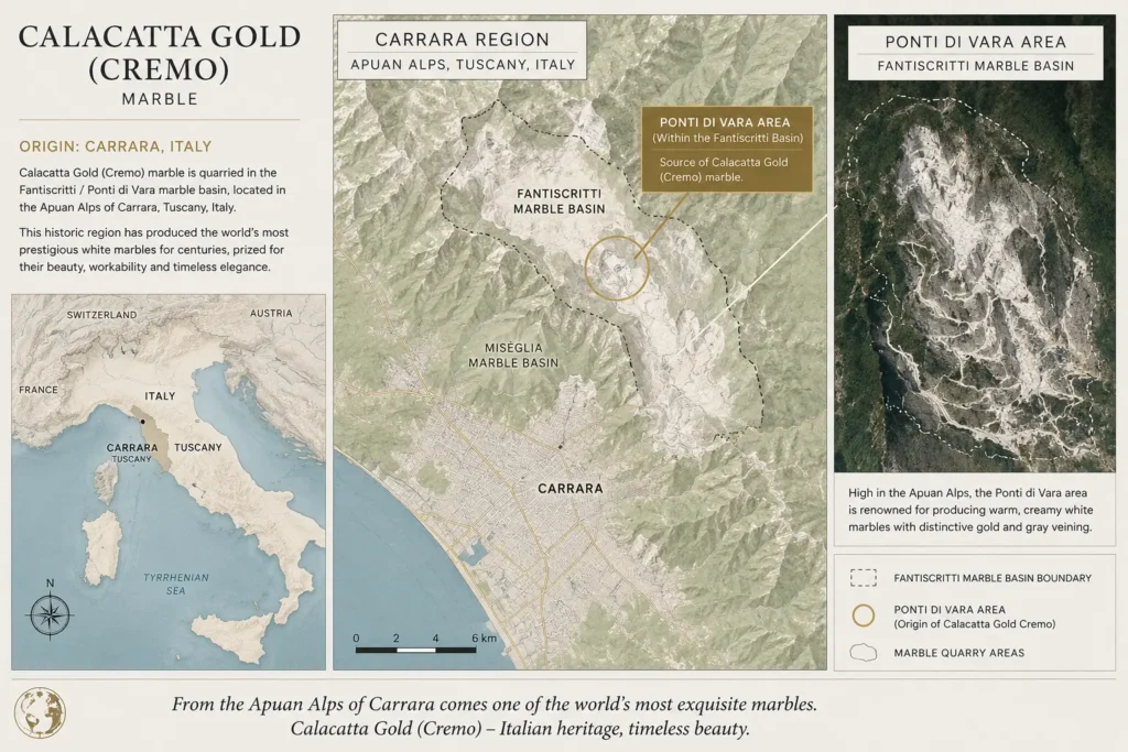 Calacatta Gold Cremo marble origin map showing Carrara, Tuscany, the Fantiscritti marble basin, and the Ponti di Vara quarry area in the Apuan Alps.