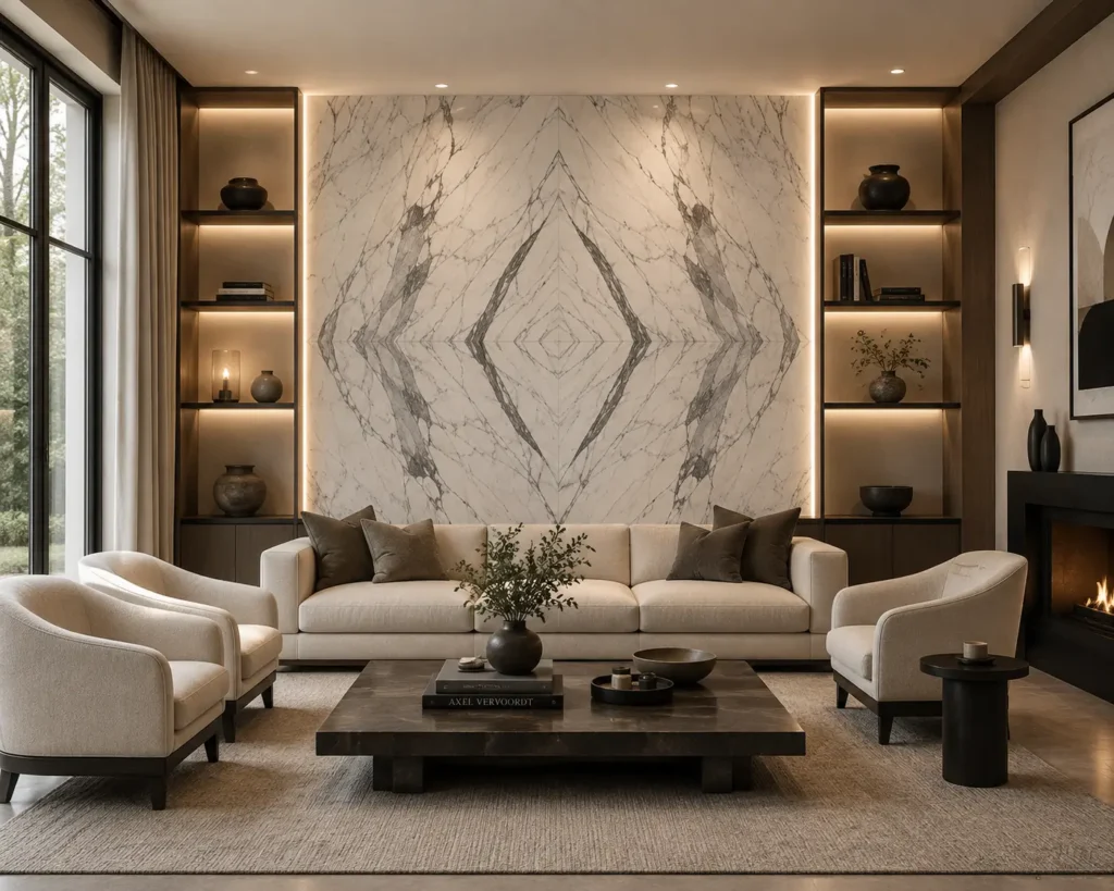 Luxury living room with a diamond-matched Arabescato Corchia marble feature wall.