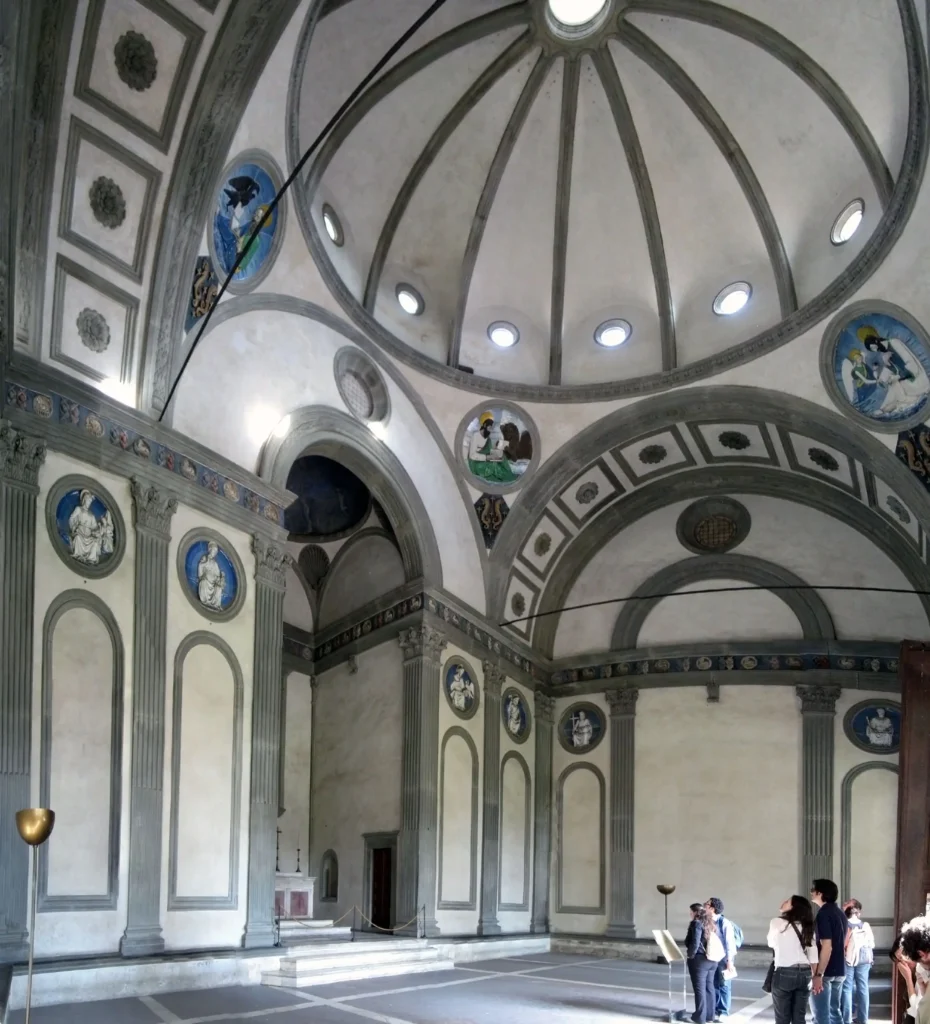 Pietra Serena architectural details inside the historic Pazzi Chapel in Florence, Italy