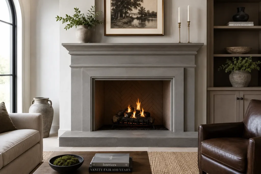 Pietra Serena fireplace surround and hearth in an elegant luxury living room