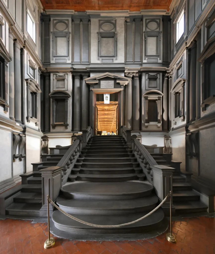 Pietra Serena staircase and architectural details in Michelangelo’s Laurentian Library in Florence, Italy