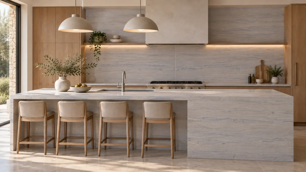 Ataija Blue Storm vein-cut limestone used on a contemporary kitchen island and backsplash