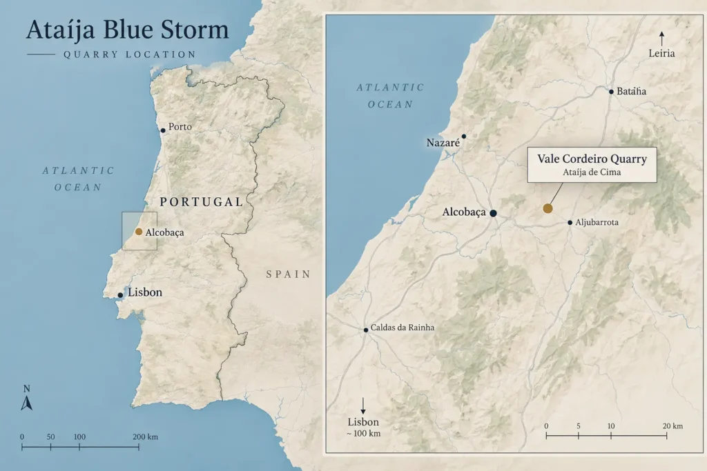 Map showing the Ataija Blue Storm limestone quarry near Ataíja de Cima and Alcobaça, Portugal