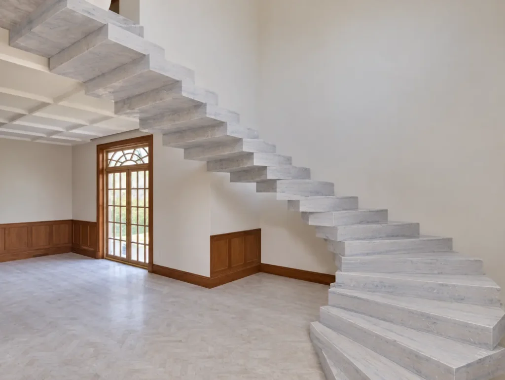 Ataija Blue Storm limestone sculptural floating staircase with vein-cut stone treads