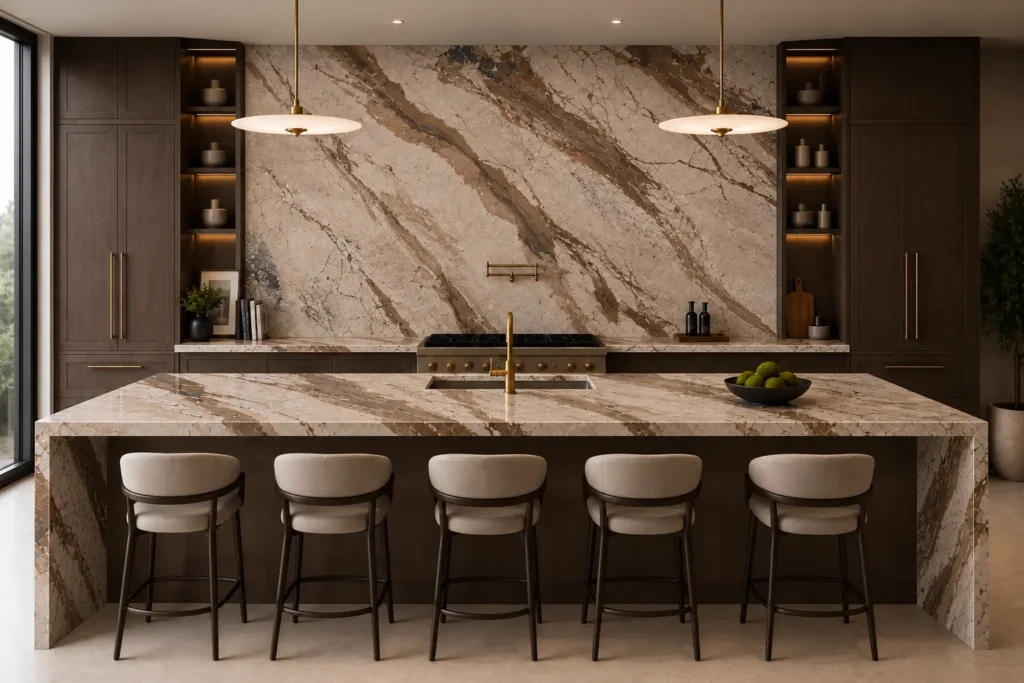 Breccia Fantastica marble kitchen with waterfall island and full-height stone backsplash